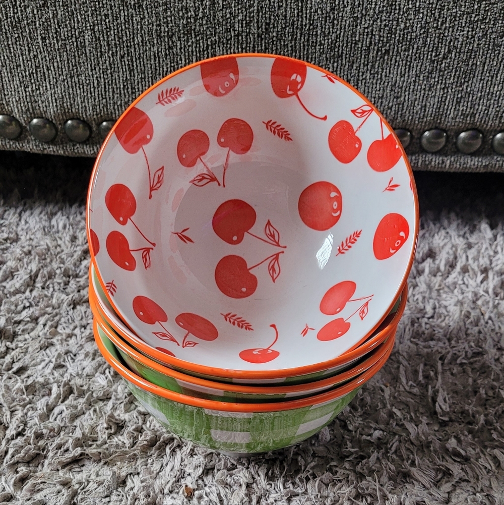 Cherry Print Ceramic Bowl - White with Red Cherries New Set Of 4 - Picture 2 of 6